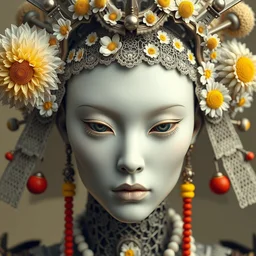 complex 3 d render hyper detailed ultra sharp old samurai portrait, close - up, futuristic biomechanical, smooth porcelain ivory fair face, iris van herpen white daisies red corals headdress filigree lace haute couture headdress with rhizomorph finials spires, brackets, fractal colorful puffballs, octane render, 8 k, vibrant yellow colors, surreal
