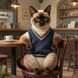 full body photograph of a male anthropomorphic siamese cat fursona wearing a sweatervest sitting in a hipster coffee shop, deep focus, intricate, elegant, highly detailed, digital painting, artstation, concept art, matte, sharp focus, illustration, d & d, fantasy, hearthstone, art by artgerm and greg rutkowski and alphonse mucha
