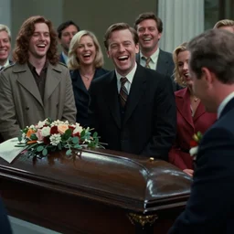 7 0 s film still from a horror movie with people laughing at a funeral, kodachrome, cinecolor, cinestill, photorealism, cinematic, film grain, film texture, vhs recording