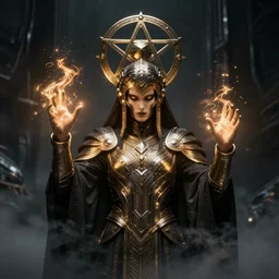 a dark sci fi matte painting portrait of a futuristic shadow priest wearing a massive ornate headdress made of realistic metal forming into a pentagram and wearing art deco armor while casting glowing death spells, art deco shapes, cinematic lighting, rim light smooth, dark sci fi, unreal engine, octane render, by blizzard studios, golden rule, subject in center of frame, fog volumes, evil glow, cgsociety