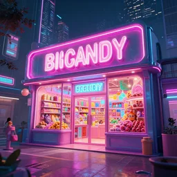 big candy shop in a ciberpunk city