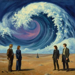 a giant 🌊 swirling in the sky above a barren 🏜 by ivan shishkin and zacharias aagaard and simon stalenhag and dan mumford and josan gonzalez, surrealism, chiaroscuro, hyper detailed, high saturation, retrowave