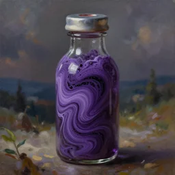 thick swirling purple liquid with black glitter in an closed glass vial, high detail, mid shot, realistic, oil painting