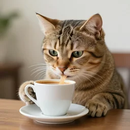 a kiwi cat drinking coffee