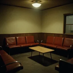 Nostalgic waiting room, lowly-lit, 1990s style, no people