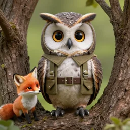 hyperrealistic 3 d owl wearing ww 2 pilot clothes, funny facial expression, in a tree by beatrix potter, sharp fox, detailed fluffy feathers