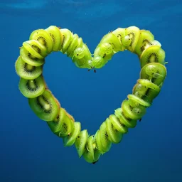 romantic underwater photography of freen kiwi fruits and green gooseberry forming epic heart shape composition in front an underwater volcano, concept, fantasy, glowing, photorealistim, epic, volumetric light