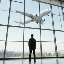 man looking at giant airplane flying above towards huge glass windows