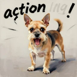 tan schnauzer chihuahua mix, enraged, painting by phil hale, 'action lines'!!!, graphic style, visible brushstrokes, motion blur, blurry