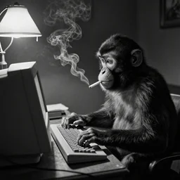 a monkey writing a bestseller on a 8 0 s computer, smoking a cigarette. dark noir room. black and white. 1 9 2 0 aesthetic. old film grain. soft light from a table lamp. high detailed film look.