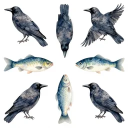 watercolor crows, in style of symmetry watercolor 5 5 fish, 1 9 4 2 by m. c. escher