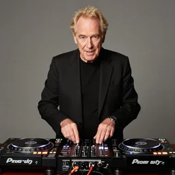 christopher loyd as doc brown, DJing with DJ turntables, photoreal