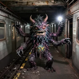 strange evil monster anamorphic with 4 arms in a abandoned subway, photography with flash