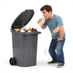 man eating garbage out of a garbage can