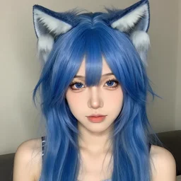 photo of a young woman with messy blue hair and cat ears