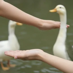 human arms hands elbows on (ATTACHED) [A PART OF] {CONNECTED TO} a duck