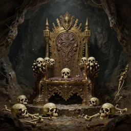treasure room in dark lair, underground, cave, bones on ground, skull throne, hyper realism, cinematic shot, epic composition, fine details, octane render, unreal engine, 8 k, concept art, oil painting, dnd, digital art, deviantart artstation, intricate complexity, extremely detailed, very sharp, in the style of jason felix by steve argyle by tyler jacobson by peter mohrbacher