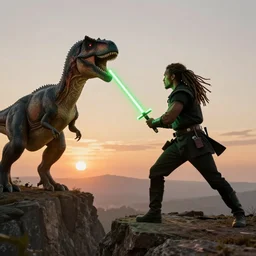 man with dreadlocks with green lightsaber fighting dinosaurs on a cliff at sunset