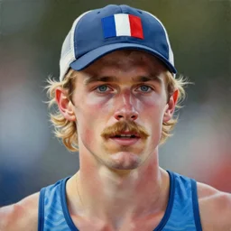 portrait painting of an french blond crossfiter with a mustache with a french flag cap, sharp focus, award - winning, trending on artstation, masterpiece, highly detailed, intricate. art by rebecca guay