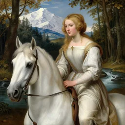 a renaissance painting of a very beautiful blonde woman riding a white horse by a beautiful river in a virgin forest with snowy mountains in the background, close up, beautiful face, highly detailed, award winning