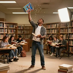 photo still of rip taylor at a library people reading!!!!!!!! at age 5 4 years old 5 4 years of age!!!!!!! throwing confetti from a bucket, 8 k, 8 5 mm f 1. 8, studio lighting, rim light, right side key light