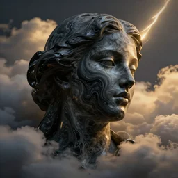 epic, abstract sculpture of beautiful female face and black swirling marbling liquifying acrylic portrait, fluffy clouds, golden hour, beautiful light, 3 d sculpture of carving marble, dark colors, dark mood, one point lightning