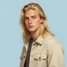 portrait of a young white man with very long blond hair wearing a beige jacket, very handsome, light blue background, digital painting, artstation, beautiful