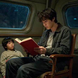 scene from a 2010s science fiction film+ Seokjin is reading his red book on a wooden chair inside the cabin + now its night time + jungkook is younger so seokjin told him to get some rest + CGSOCIETY + directed by Luc Besson +