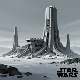 star wars concept art by greg rutkowski, boreal landscape with brutalist structures, cinematic evening light, dramatic atmosphere, sharp focus, artstation hq.
