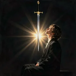 a sword hanging over a man sitting in the dark