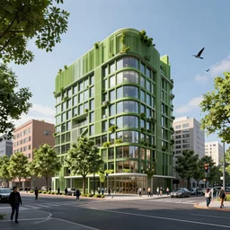 street view of green building in city designed by zaha hadid with trees and people walking, birds flying, cinematic, ray traced, octane render, cinematic lighting, vfx film, ultrarealistic, featured on artstation, 8 k