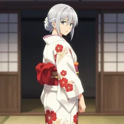 (beautiful) girl, silver hair, white kimono with complex red flower patterns, full body, looking to camera, showing her shoulder from back, ilustration by Takehiko Inoue ((and Krenz Cushart))