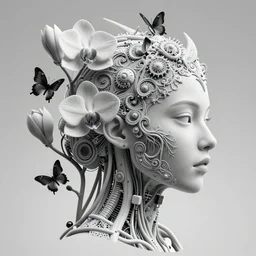 a black and white 3D render of one beautiful profile face portrait of a female vegetal-dragon-cyborg, 150 mm, orchid stems, magnolias, black butterflies, fine lace, Mandelbrot fractal, anatomical, flesh, facial muscles, cable wires, microchip, veins, arteries, full frame, microscopic, elegant, highly detailed, flesh ornate, elegant, high fashion, rim light, octane render in the style of H.R. Giger and Man Ray