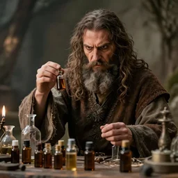 a medieval charlatan trying to sell magic vials of essential oils to enraged vegans