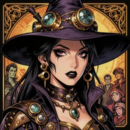 a detailed portrait illustration of a steampunk witch - sorceress. beautiful attractive intersex androgynous face. art nouveau, pop art, comic book style. influenced by neil gaiman, h. p. lovecraft, dan mumford, mao hamaguchi, vadim voitekhovitch, killian eng, ross tran.