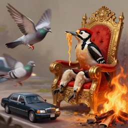 Digital painting of a woodpecker eating spaghetti next to a burning fire while sitting on a throne. A pigeon chases a limousine passing by.