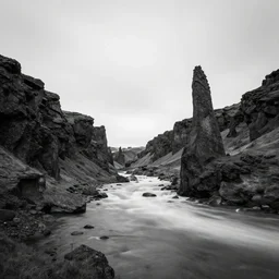 minimalist black and white photograph of an icelandic valley, time exposure, of a river, sharp tall pillars, sharp rocks,