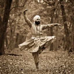 a sikh warrior ballet dancing in a forest, sepia tint