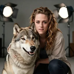 kristen stewart with her pet timber wolf, studio lighting 5 0 mm, soft focus