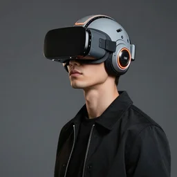 a stylish young man wearing a huge futuristic cyberpunk virtual reality helmet, in the style of giorgetto giugiaro, orange glowing edges, insanely integrate, 8 k, productphoto, full shot, studiolight