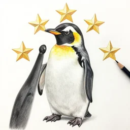 Intricate five star Penguin Drawing by Anna Kullberg, Colored pencil on paper, high detail, skin texture, photo realistic, hyperrealism,matte finish, high contrast, 3d depth, masterpiece, vivid colors, artstationhd