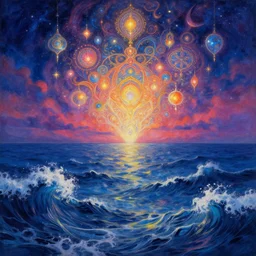 beautiful painting of magic and night scape in the ocean with waves and gorgeous sky, inspired by Cyril Rolando, David Wiesner, ornate, intricate, emitting light ornaments, trending on artstation, volumetric lighting, CGsociety vivid colors