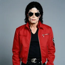 the full figure portrait of michael jackson 2 0 0 9 style wearing aviator shades. he is wearing the red original thriller jacket from music video. he is in the photo studio standing alone. nikon d 8 5 0. sigma 8 5 mm f 1. 4 dg hsm a. aperture f / 3. 5. shutter speed 1 / 6 0. iso 1 6 0 0