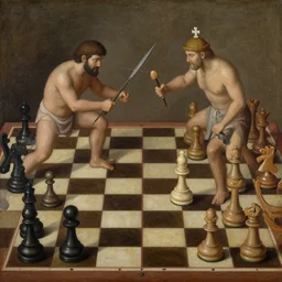 ancient painting of chess pieces becoming alive and fighting with each other with melee tools, the painting is still in high quality