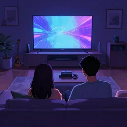 backview of a couple sitting on a sofa watching a big tv a a tastefully decorated living room with gaming consoles and a radio set up, in the night, featured on artstation, detailed line artwork, atmospheric, dark blueish purple 4 k