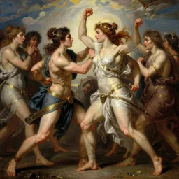 muscular warrior women doing glorious battle in ritualistic combat, weeping feminine men watch on the side, neoclassical art