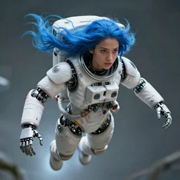 beautiful futuristic himba astronaut girl, robotic arms, blue hair, weightless, hyperrealistic, scifi, concept art, photograph