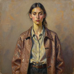 portrait in daring femininity, ethnic, realistic face sculpted features, thin and statuesque model, street outfit with layered shirts, paisley, jacket with buckles, warm glow, bathed in light, chiaroscuro, specular highlights, angular impressionism, patina, natural color scheme, earthy tones, modern fashion, contemporary art, oil on canvas