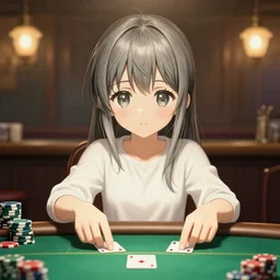 anime character playing poker and drinking in a cozy bar, volumetric lighting, symmetrical face, detailed face, hyper real, pencil art, moody lighting, cute, comfy