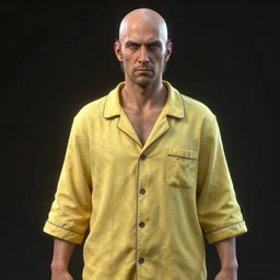 hyper - realistic + photorealistic render with very extreme intricate details, of a balded man wearing a yellow pyjama, shorts blue eyes and gray hair, in the style of final + fantasy 1 5, digital game - art by ross tran, movie composition by sana takeda, dramatic cinematic lighting by greg rutkowski